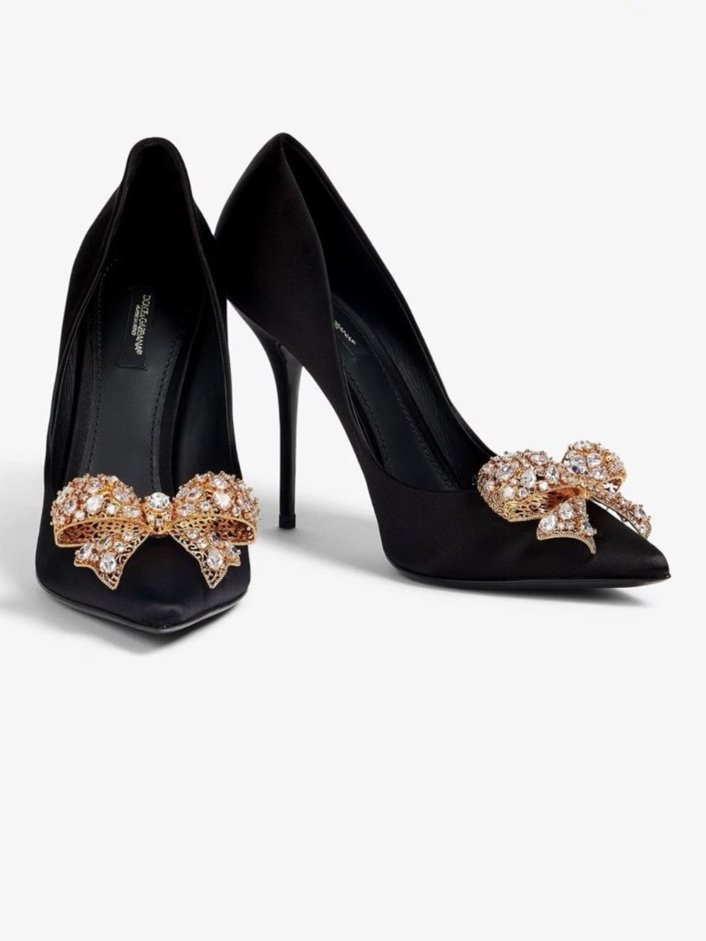 Black Satin Pointed Pump with Crystal Gold Bow
